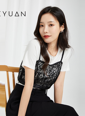 金苑套装女夏季新款圆领短袖T恤性感蕾丝吊带两件套女F222123