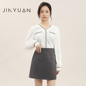 潮A241908 气质休闲长袖 金苑小香风V领拼接雪纺衫 女春秋新款