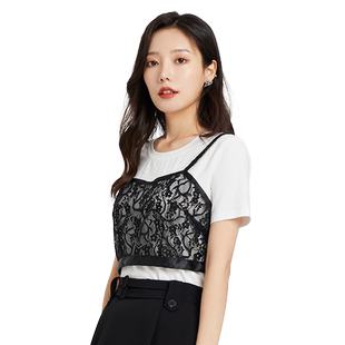 金苑套装女夏季新款圆领短袖T恤性感蕾丝吊带两件套女F222123