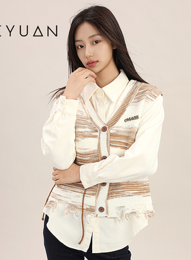 金苑高级感时尚v领针织马甲衬衫两件女秋复古条纹上衣套装A243123