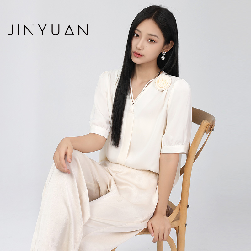 金苑雪纺衫短袖女夏季薄款减龄宽松遮肚子收腰显瘦V领上衣A242119