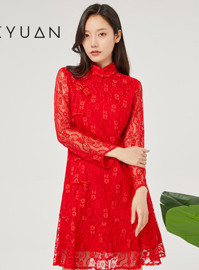 金苑裙子女春季新款蕾丝复古镂空设计感时尚连衣裙女G221111