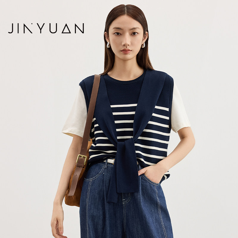 金苑假两件针织衫女2025秋季新款条纹圆领短袖毛衣H253102,女装/女士精品,毛衣,淘宝优惠券,粉丝福利购,淘宝优惠卷