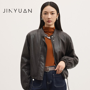 金苑2025秋冬季新款抽绳加绒短款皮衣外套气质夹克D255118