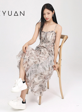 金苑碎花无袖吊带连衣裙女夏季新款修身显瘦长款裙子G242146