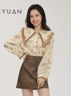 金苑法式大翻领碎花长袖雪纺衬衫女秋上衣甜美娃娃领衬衣A233127