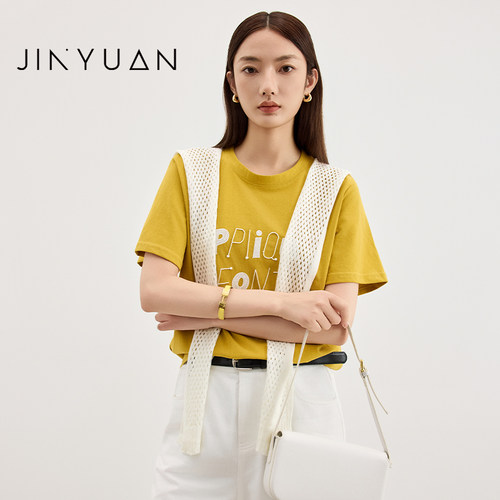 金苑短袖T恤女2025秋新款刺绣披肩时尚韩系圆领百搭上衣F253105