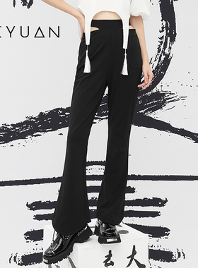 金苑裤子女秋季新款时尚修身喇叭裤黑色设计感休闲裤C223102