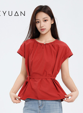 金苑短袖衬衫女2025夏季新款韩版时尚系带收腰开叉上衣A252121