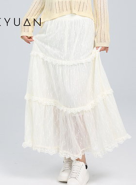 金苑蕾丝钩花蛋糕裙女2025夏季新款高腰半身裙裙子A字长裙B252102