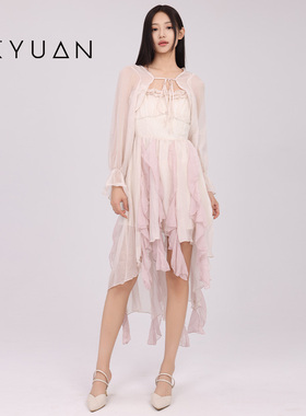 金苑海边度假风吊带裙纱法式荷叶边沙滩连衣裙氛围感长裙G242202