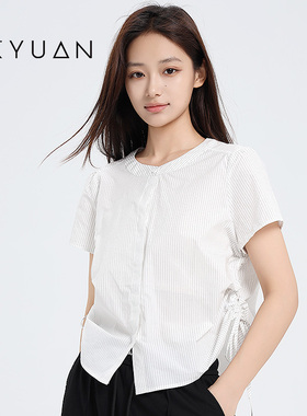 金苑短袖衬衫女2025夏季新款条纹圆领设计感抽绳小衫A252145