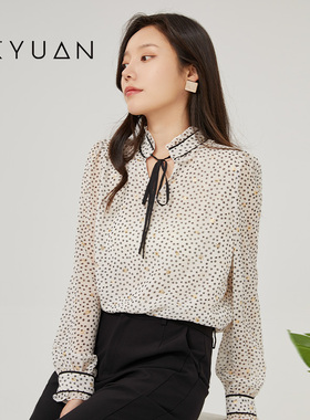 金苑雪纺衫女春季新款领带设计感时尚气质波点上衣女A221103