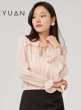 金苑雪纺衫女春季新款v领系带时尚设计感气质休闲上衣A221105