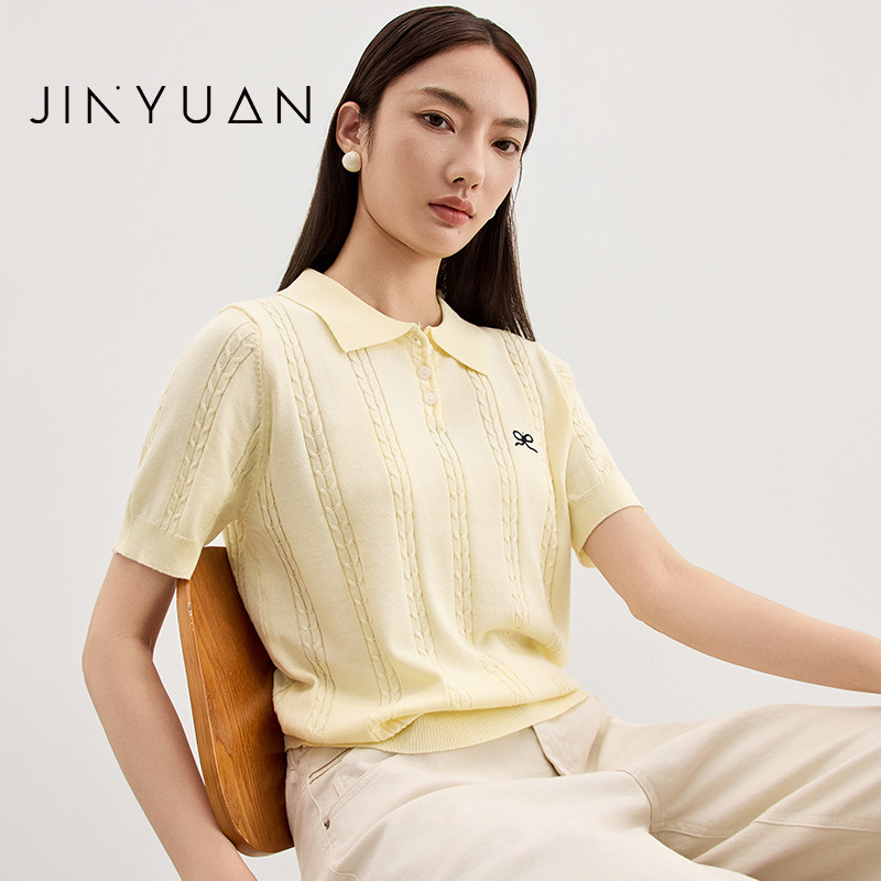 金苑2025秋季复古麻花刺绣polo领针织短袖上衣复古针织衫H253106