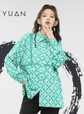 金苑衬衫女秋季新款设计感格子潮流印花长袖翻领上衣A223102
