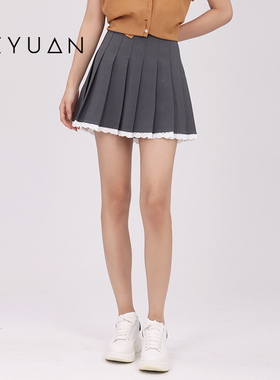 金苑半身裙女夏季高腰蕾丝拼接百褶裙女百褶裙短裙B242117
