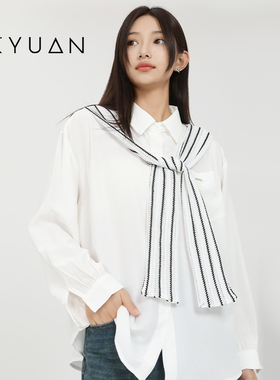 金苑长袖衬衫女针织披肩秋季韩版学院风polo领衬衣上衣A243101