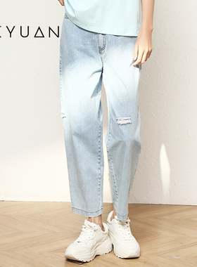 金苑裤子女夏季新款直筒破洞时尚潮流水洗休闲牛仔裤C222126