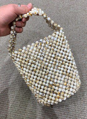 纯手工编织串珠圆桶手提包