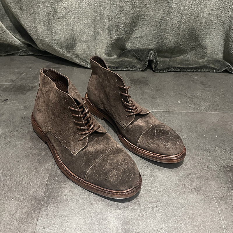 欧美小众 重工水洗固特异男鞋 复古英伦马丁靴反毛皮手工雕花短靴