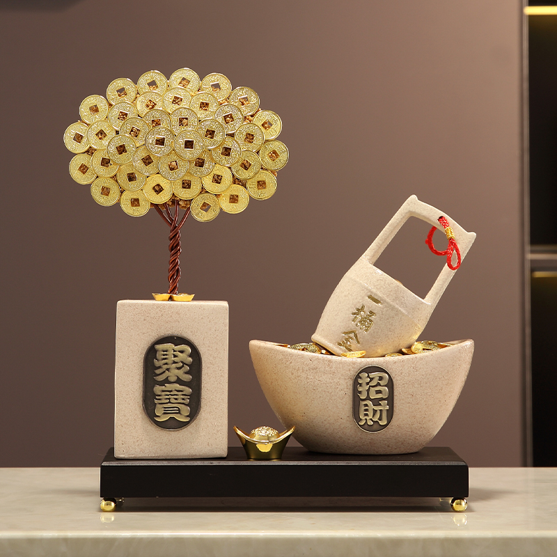 办公室一桶金元宝聚宝盆发财树摆件客厅玄关博古架装饰乔迁开业礼