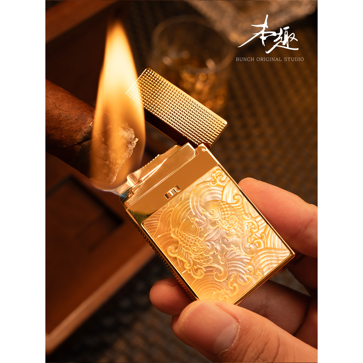 BUNCH【双鲤衔金】贝母浮雕朗声打火机金属充气侧滑点火男生礼物