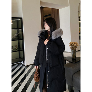MYOU自制 小个子狐狸毛领羽绒服女冬长款90白鸭绒连帽显高外套XS