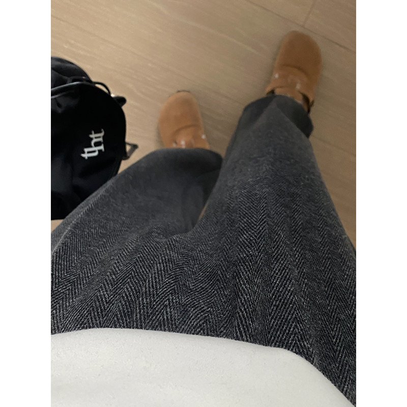 MYOU自制 150显高深灰窄版阔腿裤女XS秋冬加绒百搭毛呢小码直筒裤
