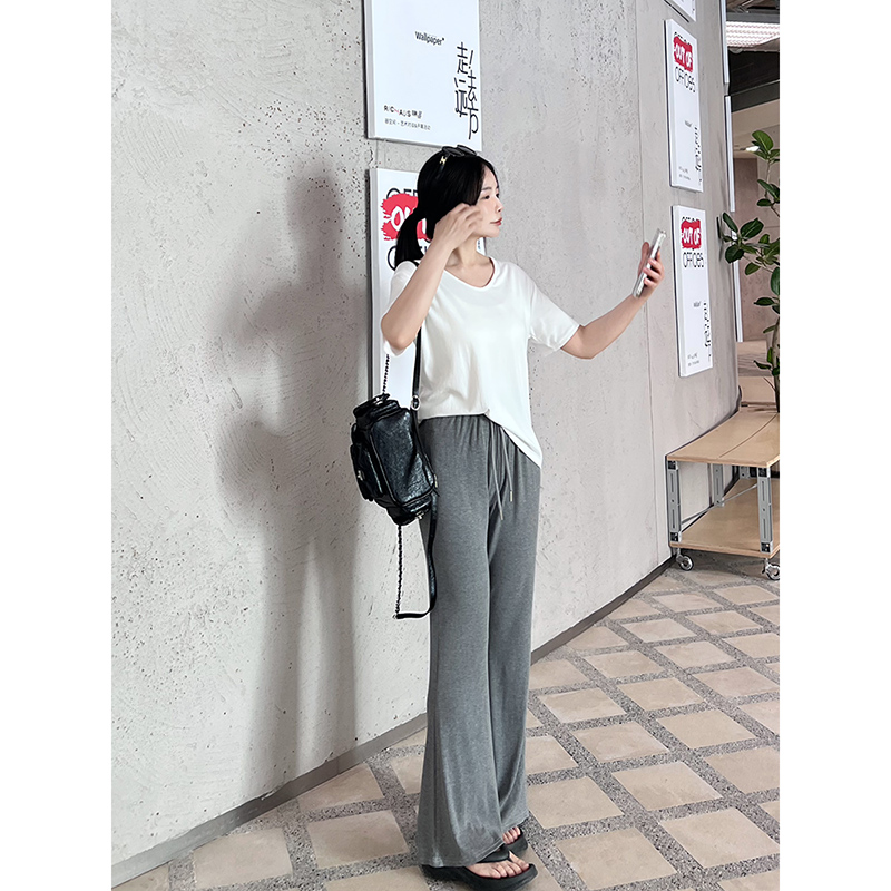 MYOU自制 小个子高腰灰色百搭抽绳松紧腰休闲女夏显瘦松弛感裤子