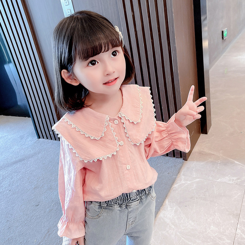 春秋款粉红色喇叭袖长袖方领衬衣女童中小童洋气韩版新款衬衫上衣