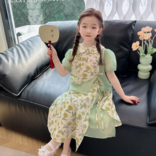 夏新中式绿色泡泡袖娃娃领碎花上衣加裙子女童中小童薄款两件套装