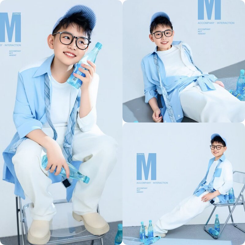 儿童摄影服装蓝色衬衣韩系慵懒风时尚拍照生日写真影楼潮童主题