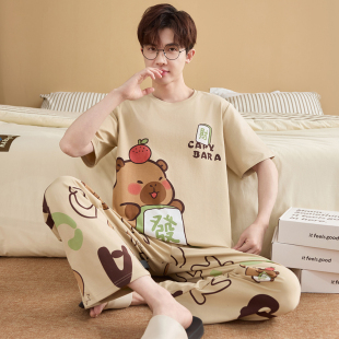 睡衣男款卡通卡皮巴拉短袖长裤纯棉青少年初中生男童夏季2026新款