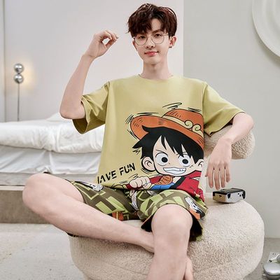 夏天男款纯棉睡衣薄款卡通海贼王男孩初中生青少年中大童2025新款