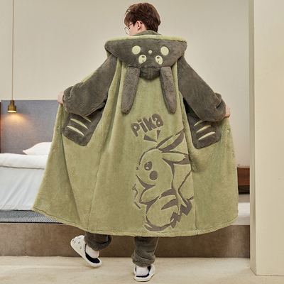 2025新款秋冬款珊瑚绒睡衣男款加绒加厚青少年睡袍皮卡丘男孩卡通