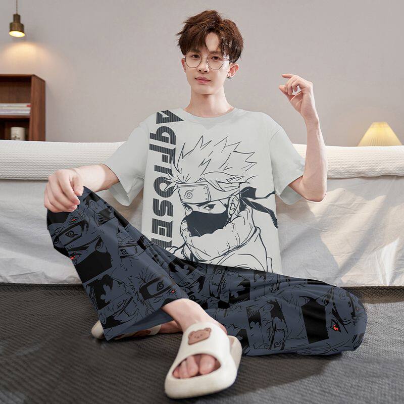 夏季纯棉半袖青少年初中生大童火影忍者短袖长裤睡衣男孩2026新款