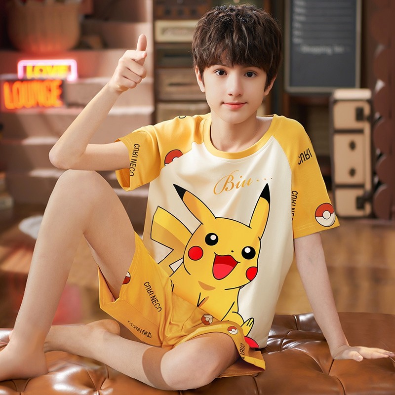 男童睡衣夏款2026新款纯棉薄款短袖套头卡通皮卡丘男孩中大童夏季
