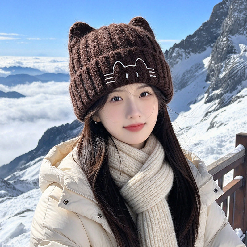 帽子女新款猫耳刺绣毛线帽显脸小百搭针织帽秋冬保暖甜美套头冷帽