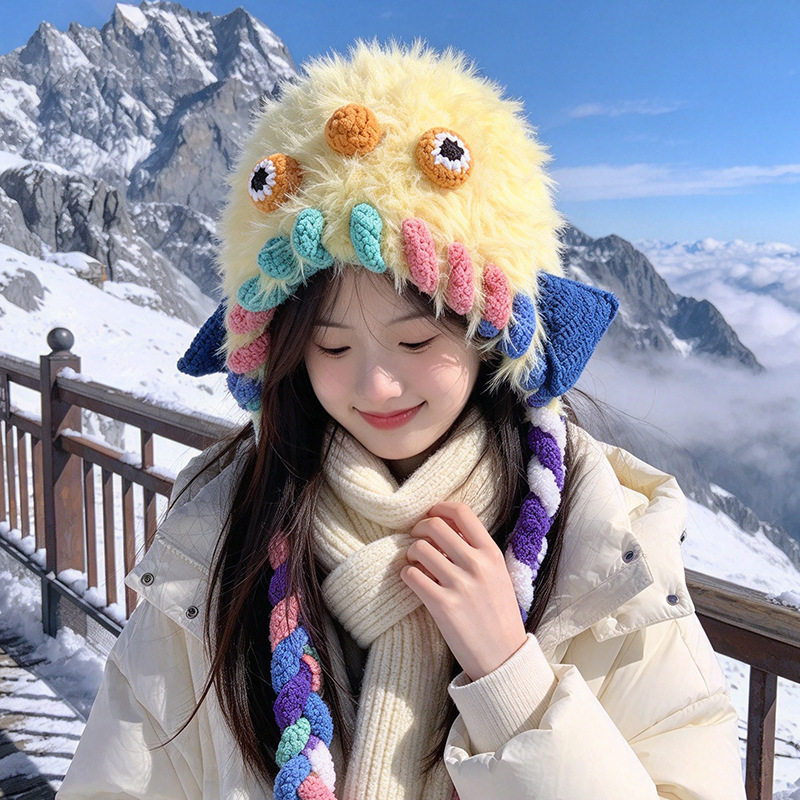 毛绒帽子女新款怪物针织帽搞怪卡通毛线帽秋冬季保暖显脸小套头帽