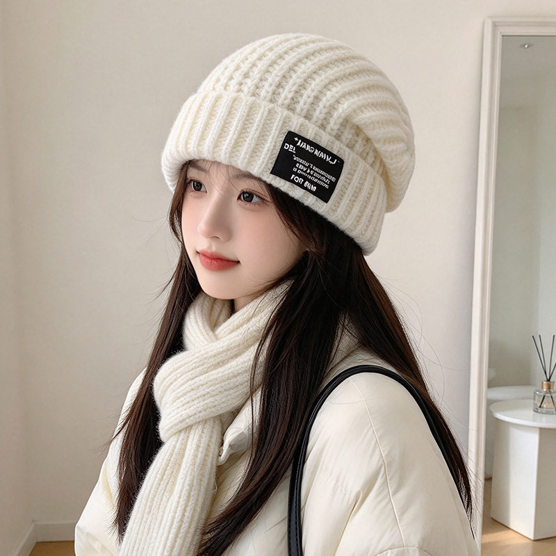 韩系宽松堆堆针织帽子女英文布标加厚毛线帽秋冬百搭显脸小冷帽男