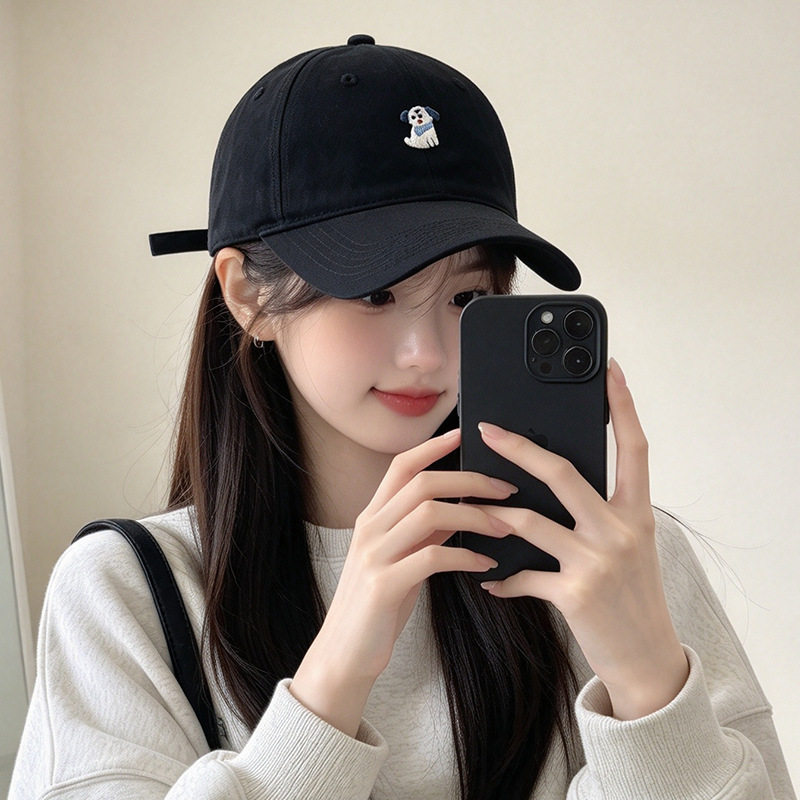 韩系卡通小狗贴布帽子女软顶水洗棉棒球帽休闲百搭显脸小鸭舌帽男