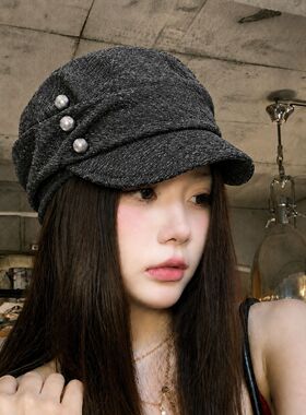 赫本风纽扣褶皱马术帽子女秋冬季复古百搭显脸小八角帽时尚贝雷帽