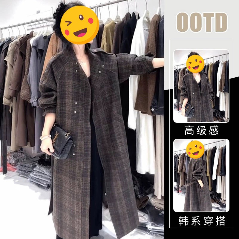 复古港味气质宽松毛呢大衣女2025冬季新款小众中长款格子外套潮