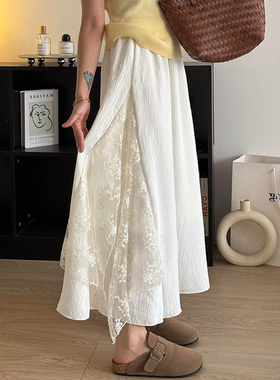 白色蕾丝半身裙女秋季大码胖mm长款a字垂感梨型身材伯克利半裙子