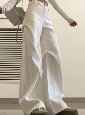 白色西装工装裤子女款2026新款春季大码胖mm阔腿休闲褶皱设计感潮