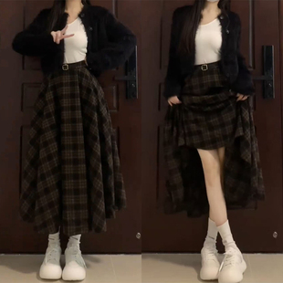 梨型身材伯克利裙 裙子毛呢格子半身长裙女大码 美拉德超好看 冬装