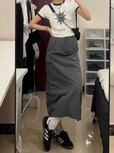 抽绳半身裙大码美式穿搭工装裙