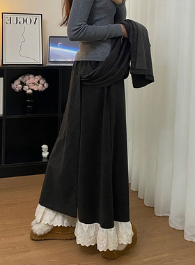 黑灰色蕾丝拼接裙裤25秋冬女大码胖mm假两件屁帘a字长款阔腿裤裙