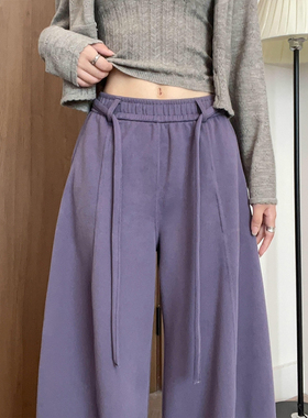紫色抽绳南瓜运动卫裤子大码女装春季小个子弯刀休闲阔腿镰刀长裤